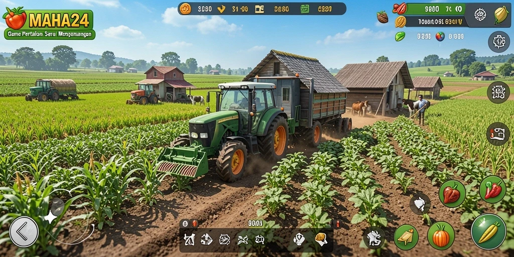 Screenshot gameplay MAHA24 menampilkan aktivitas bertani yang realistis.