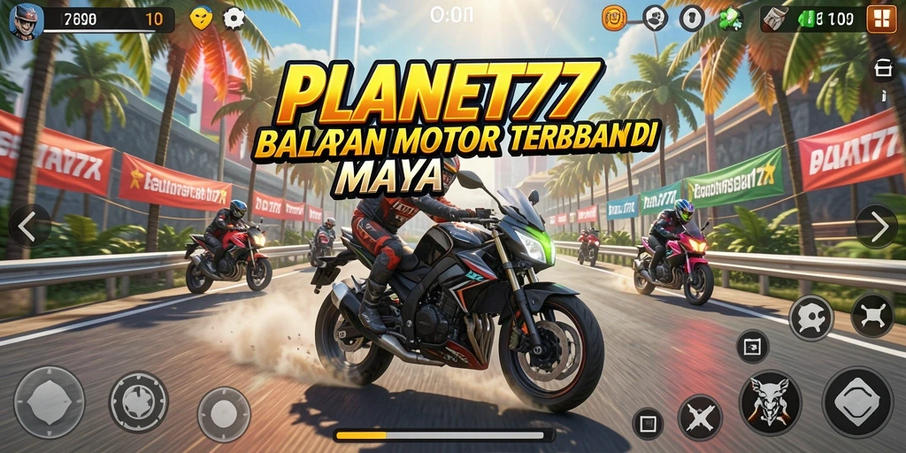 Tampilan gameplay menegangkan dalam balapan motor PLANET77.